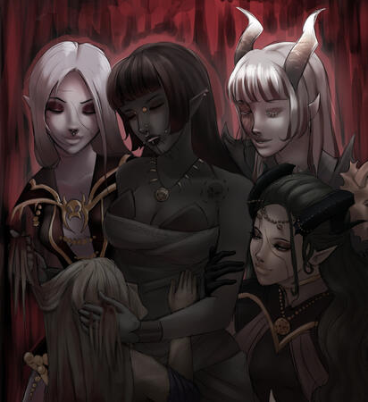 Mutliple characters, fully rendered, Minimal background.