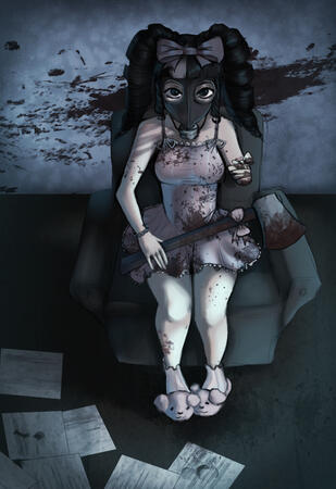 Fullbody, fully rendered with objects and background.